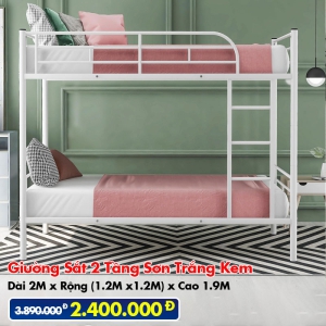 [Rộng 1.2m - Trắng Kem] Giường Sắt 2 Tầng Sơn Trắng Kem DAKITA