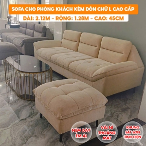[Màu Kem] Sofa Cho Phòng Khách Kèm Đôn Chữ L Nệm Dày Êm Cao Cấp