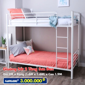 [Rộng 1.6m - Trắng] Giường Sắt 2 Tầng Sơn Trắng Kem DAKITA