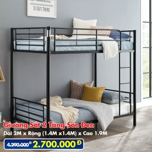[Rộng 1.4m - Đen] Giường Sắt 2 Tầng Sơn Đen DAKITA