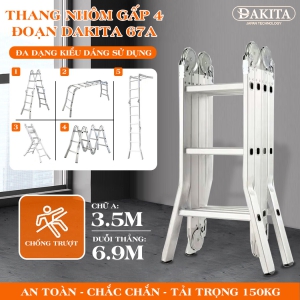 Thang Nhôm Gấp 4 Đoạn DAKITA DKT-67A Chữ A 3.5m Cao Max 6.9m Nhôm Dày 1.5Ly