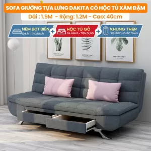 [Màu Xám Đậm - Hộc Tủ Gỗ - Chân Thép Dày] Sofa Giường Cao Cấp Nệm Dày Thương Hiệu DAKITA