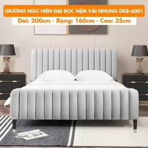 [Rộng 1.6m – Màu Xám Nhạt] Giường Ngủ Hiện Đại Khung Gỗ Bọc Nệm Vải Nhung DKB-6001 Xám Nhạt