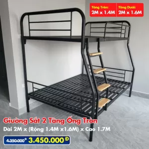 Giường Sắt Hai Tầng Ống Tròn Trên 1m4 Dưới 1m6 DAKITA Trắng