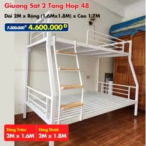 Giường Sắt Hai Tầng Hộp 48 Trên 1m6 Dưới 1m8 DAKITA Trắng Kem