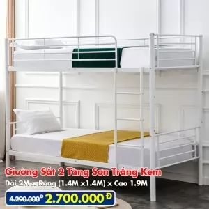 [Rộng 1.4m - Trắng] Giường Sắt 2 Tầng Sơn Trắng DAKITA