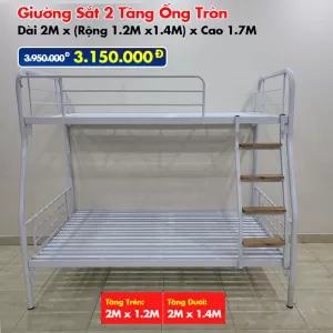 Giường Sắt Hai Tầng Ống Tròn Trên 1m2 Dưới 1m4 DAKITA Trắng