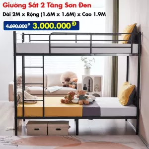 [Rộng 1.6m - Trắng] Giường Sắt 2 Tầng Sơn Đen DAKITA