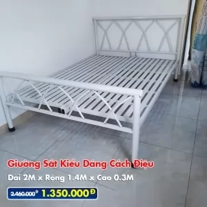 [Rộng 1.4M] Giường Sắt Kiểu Cách Điệu DAKITA Trắng Kem - Giường Tốt