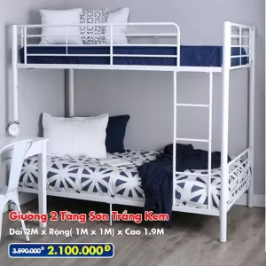 [Rộng 1m - Trắng Kem] Giường Sắt 2 Tầng Sơn Trắng Kem DAKITA