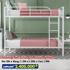 [Rộng 1.2m - Trắng Kem] Giường Sắt 2 Tầng Sơn Trắng Kem DAKITA