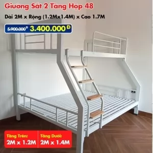 Giường Sắt Hai Tầng Hộp 48 Trên 1m2 Dưới 1m4 DAKITA Trắng Kem