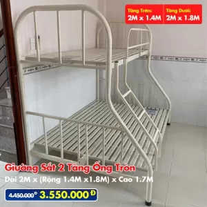 Giường Sắt Hai Tầng Ống Tròn Trên 1m4 Dưới 1m8 DAKITA Trắng