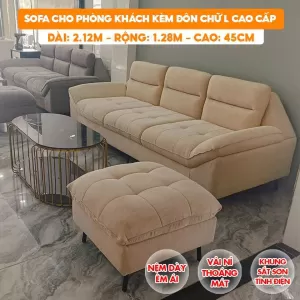 [Màu Kem] Sofa Cho Phòng Khách Kèm Đôn Chữ L Nệm Dày Êm Cao Cấp