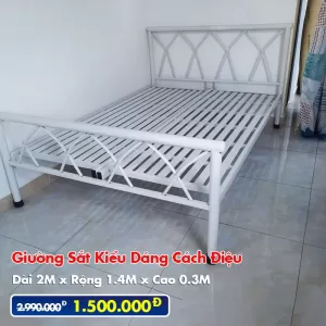 [Rộng 1.4M] Giường Sắt Kiểu Cách Điệu DAKITA Trắng Kem - Giường Tốt