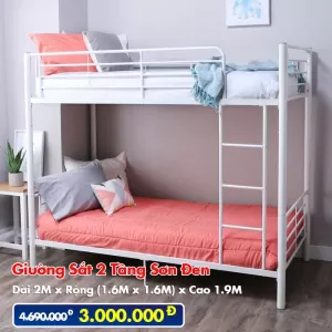 [Rộng 1.6m - Trắng] Giường Sắt 2 Tầng Sơn Trắng Kem DAKITA