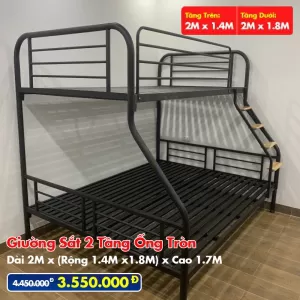 Giường Sắt Hai Tầng Ống Tròn Trên 1m4 Dưới 1m8 DAKITA Đen