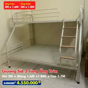 Giường Sắt Hai Tầng Ống Tròn Trên 1m6 Dưới 1m8 DAKITA Trắng