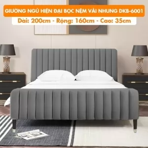 [Rộng 1.6m – Màu Xám Đậm] Giường Ngủ Hiện Đại Khung Gỗ Bọc Nệm Vải Nhung DKB-6001 Xám Đậm