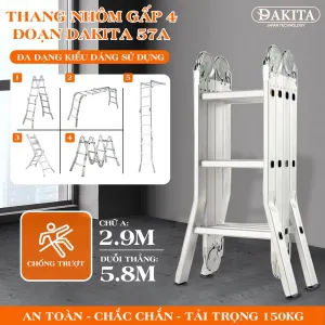 Thang Nhôm Gấp 4 Đoạn DAKITA DKT-57A Chữ A 2.9m Cao Max 5.8m Nhôm Dày 1.5Ly